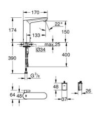 GROHE 36421000 EUROSMART COSMOPOLİTAN E Fotoselli Lavabo Bataryası, 1/2″, L-Boyut, Çift Su Girişli, Ayarlanabilir Sıcaklık Sınırlayıcısı