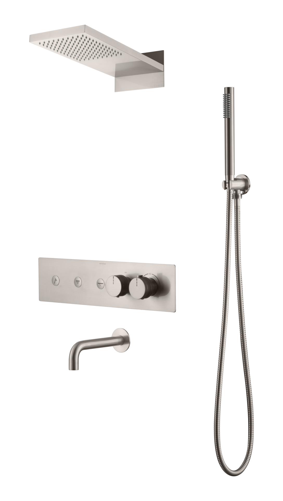 BOHEME Fusion Termostatlı Ankastre Banyo Bataryası El Duşu ve Tepe Duşlu + Su Çıkışlı Gaga 131-2-NB