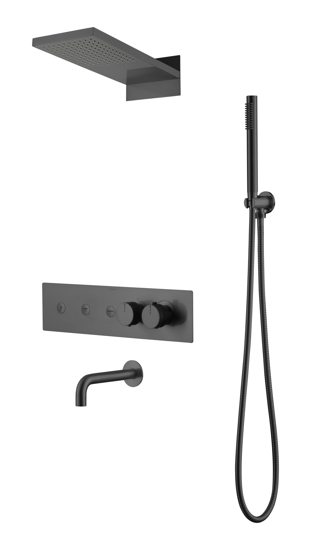 BOHEME Fusion Termostatlı Ankastre Banyo Bataryası El Duşu ve Tepe Duşlu + Su Çıkışlı Gaga 131-2-GM
