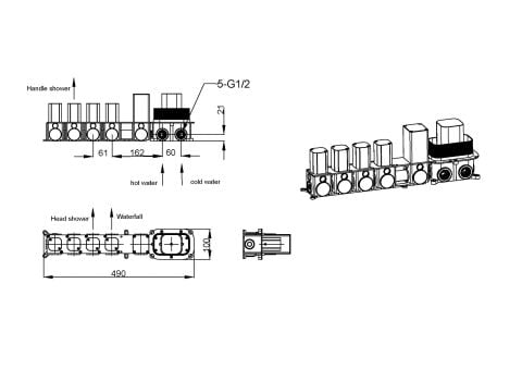 BOHEME Zodiac Termostatlı Ankastre Banyo Bataryası El Duşu ve Tepe Duşlu + Şelale 133-2-CB