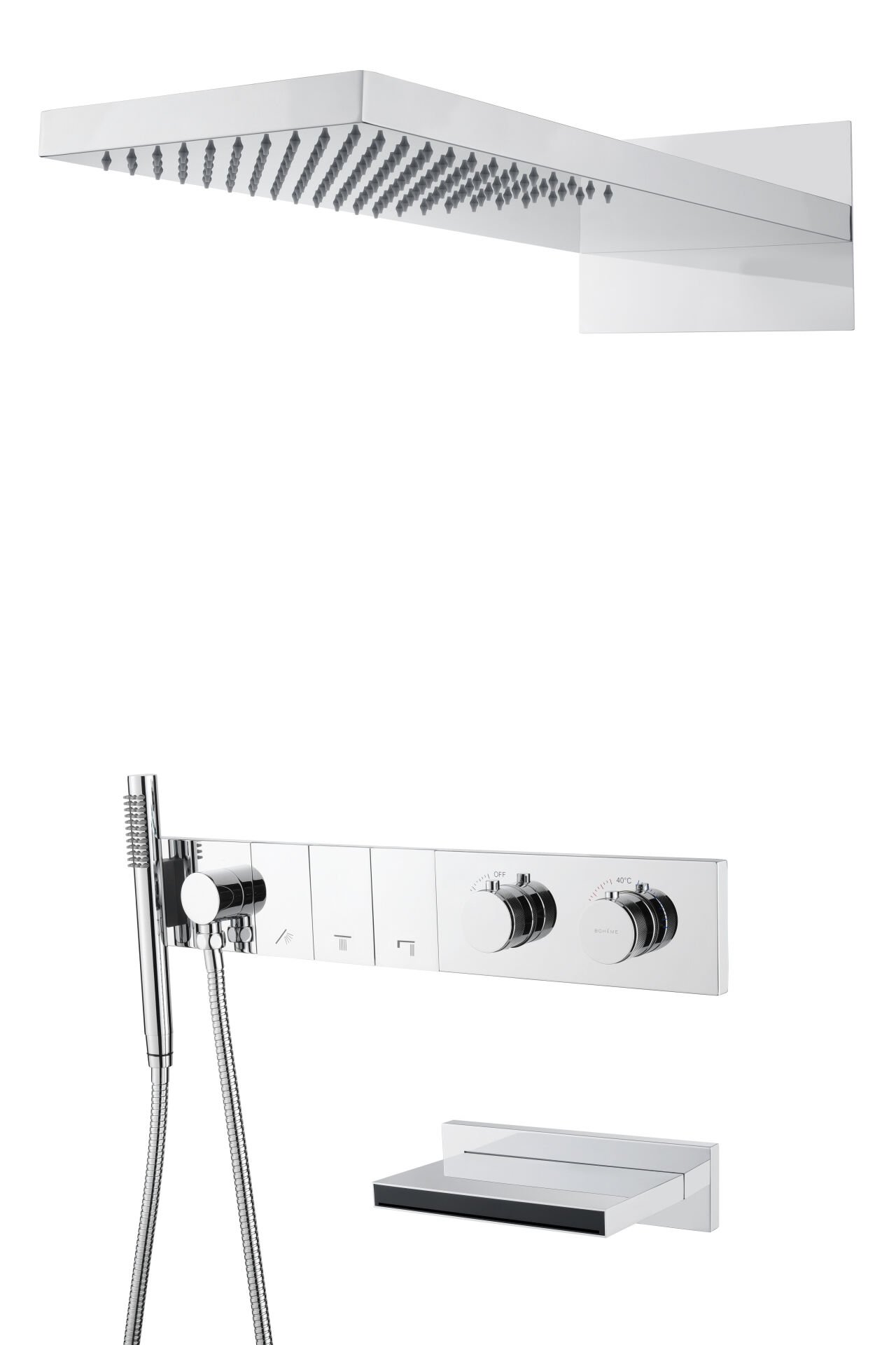 BOHEME Zodiac Termostatlı Ankastre Banyo Bataryası El Duşu ve Tepe Duşlu + Şelale 133-2-CR